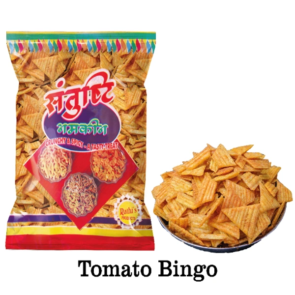 SANTUSHTI NAMKEEN Corn Triangles, Tomato Khatta Meetha Flavour, Made in Groundnut Oil - 200 gms